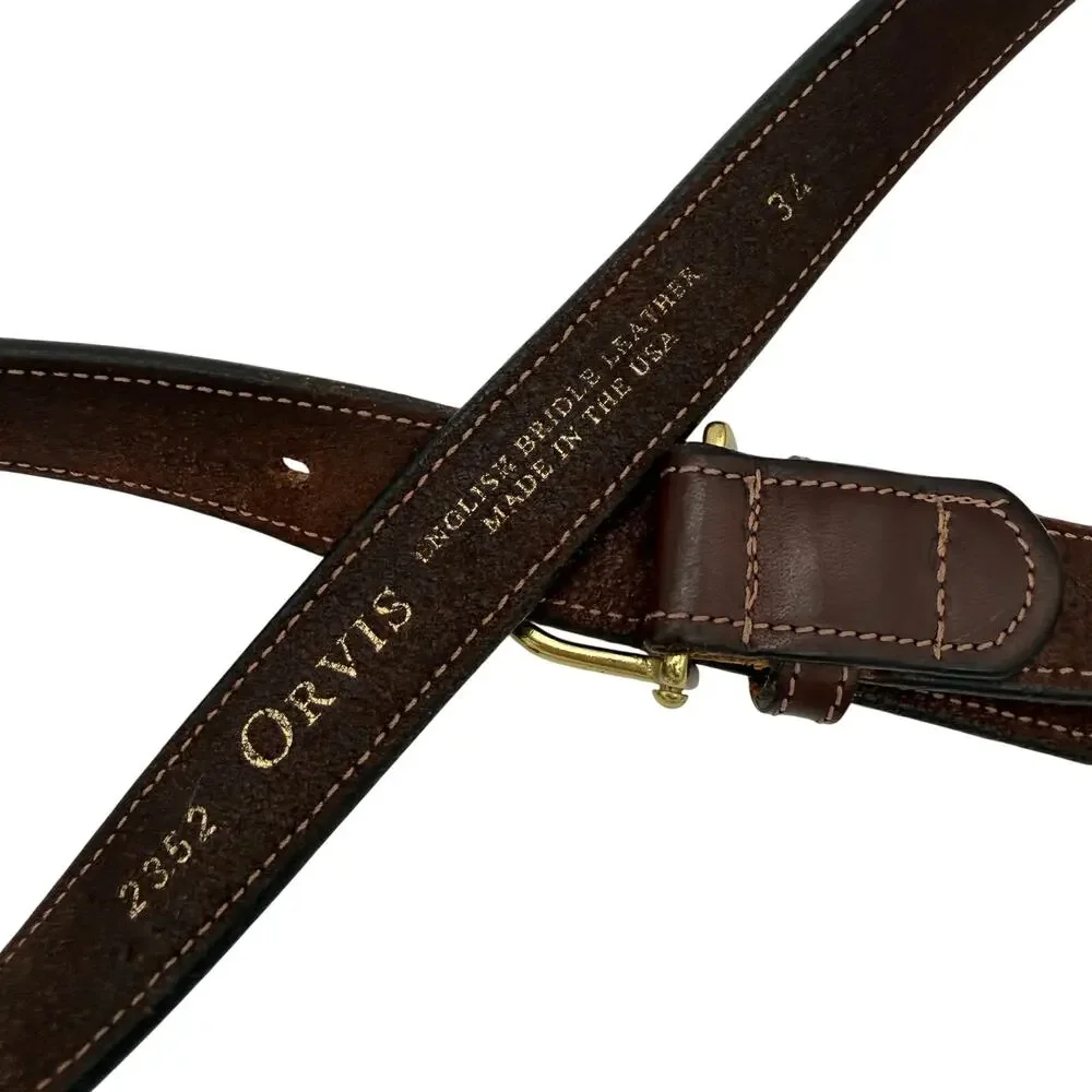 Vintage Orvis Brown Leather Brass Buckle Belt Size 34 English Bridle Made in USA